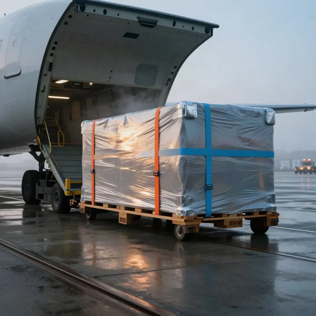 Cargo pallet on airport roller bed at dawn, misty freighter hold, wet apron lights.