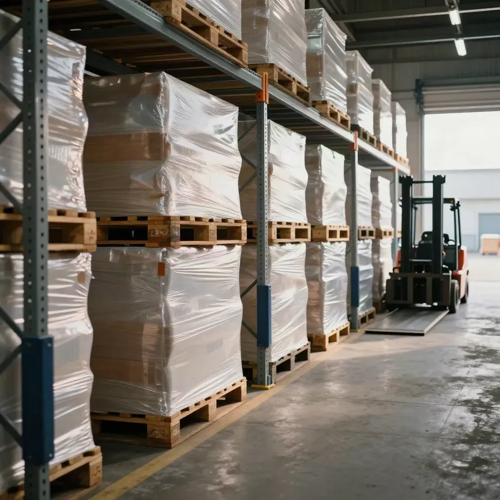 Wrapped pallets in a warehouse aisle beside a dock plate, with racking and forklift lane.