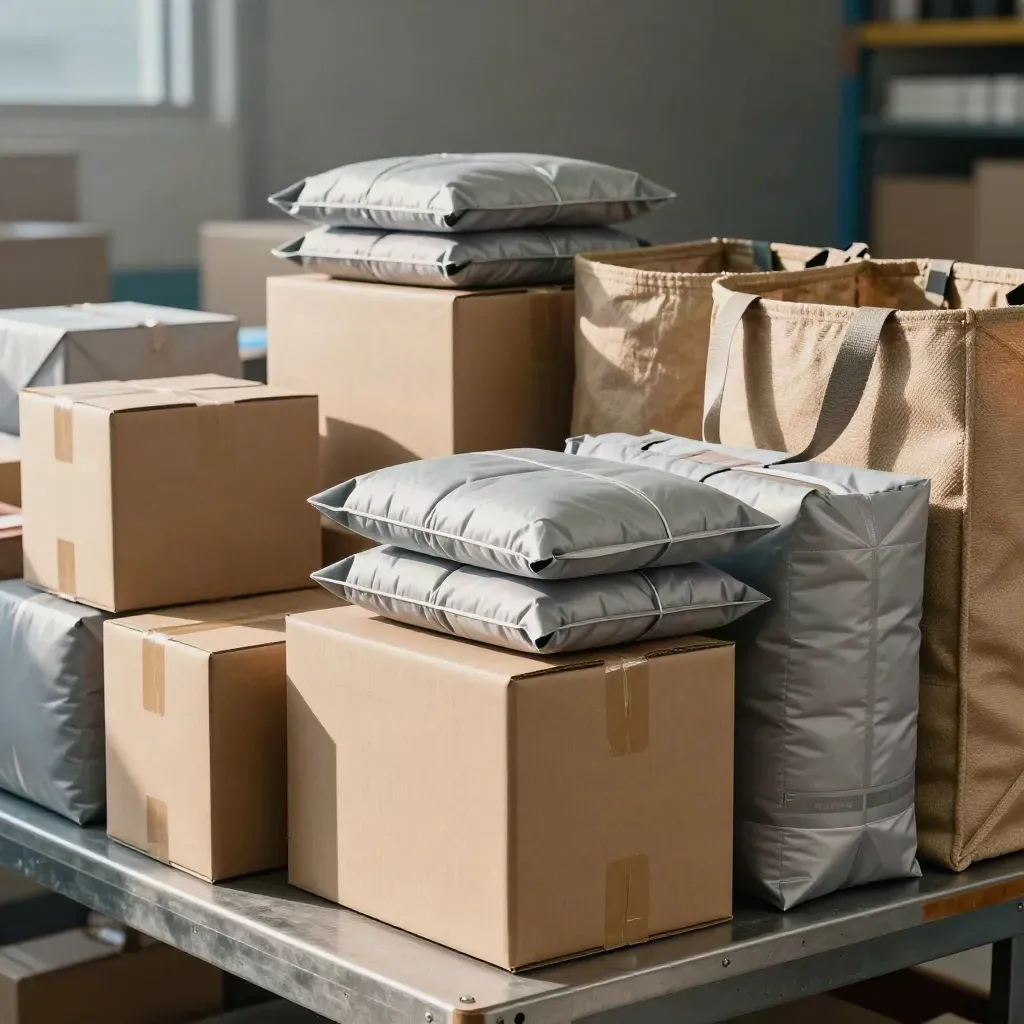 Cartons, mailers, and parcel totes restocked on a dispatch bench in warm warehouse light.