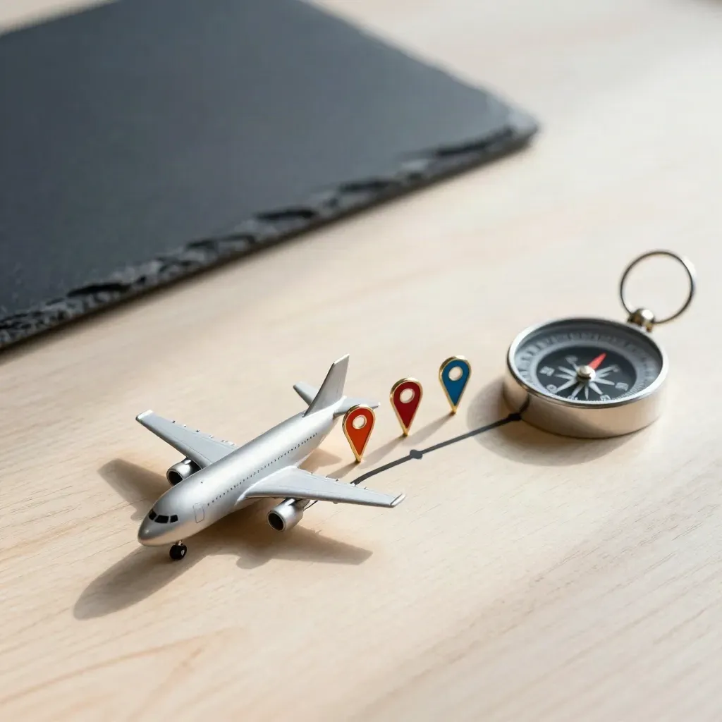 Mini freighter nose with waypoint pins, route chips and a compass on pale wood.