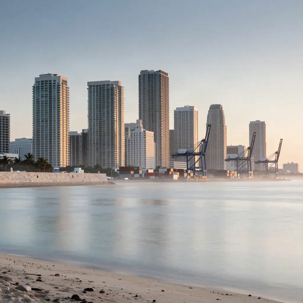 Miami skyline and port cranes over a calm pale ocean at dawn, with open copy space below.